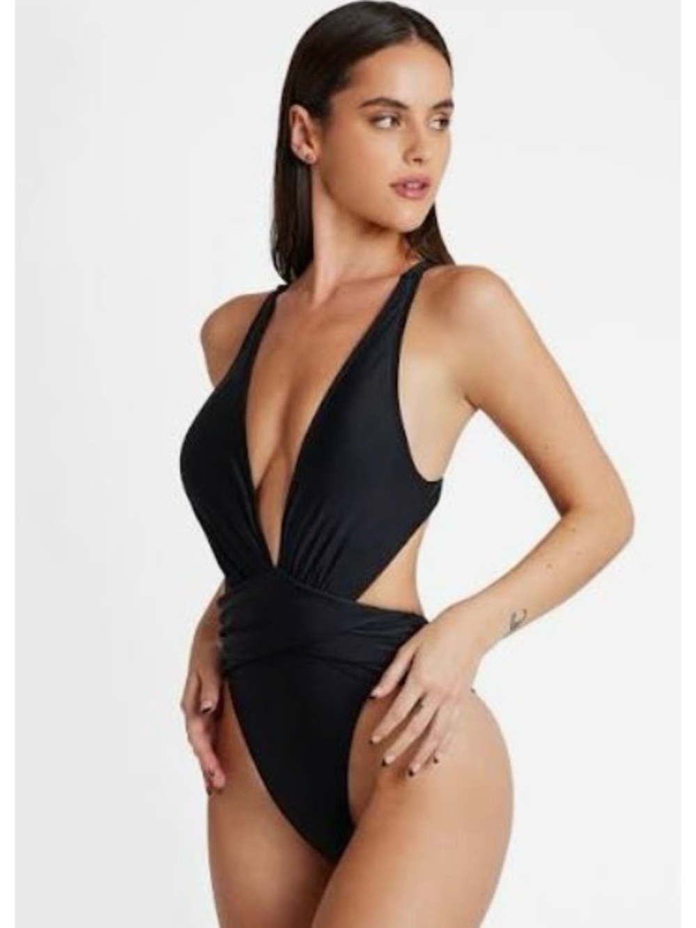 Black Deep V-Neck One-Piece Swimsuit with Ruching